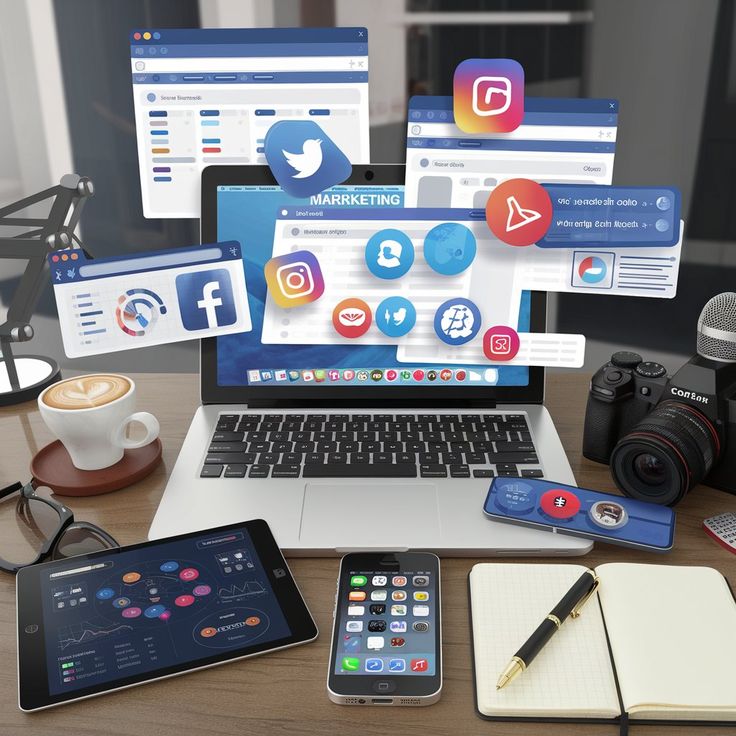 Digital marketing tools displayed across connected devices
